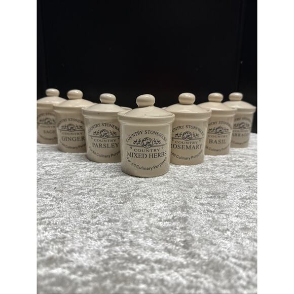 Country stoneware spice jars Set of 7! EUC - Picture 2 of 11